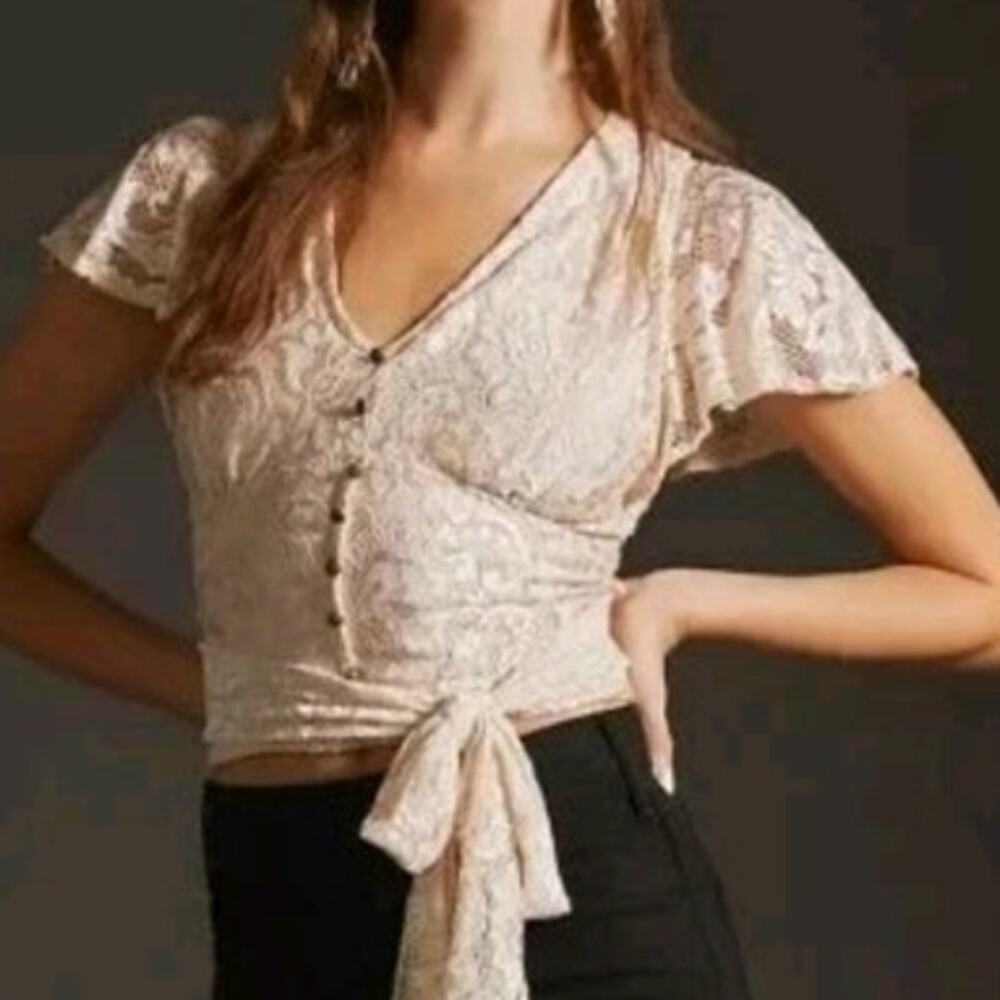 Anthropologie cream lace flutter sleeve open back top size medium